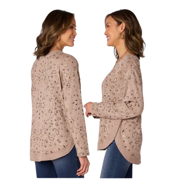 Democracy Drop Shoulder Sleeve Scoop Neck Printed Hi-Low Hem Knit Top Medium - Picture 8 of 15